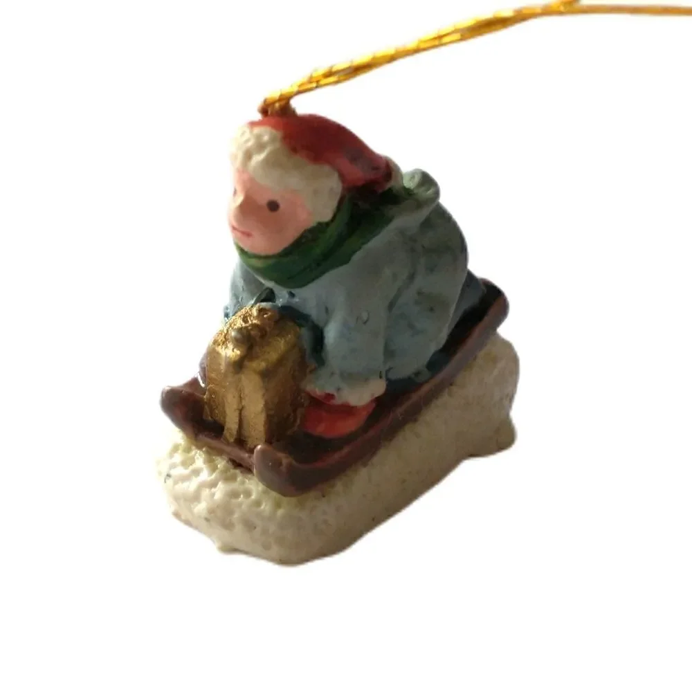 Vintage Victorian Child‎ On Sled Ornament Mini Micro Diorama Christmas Porcelain